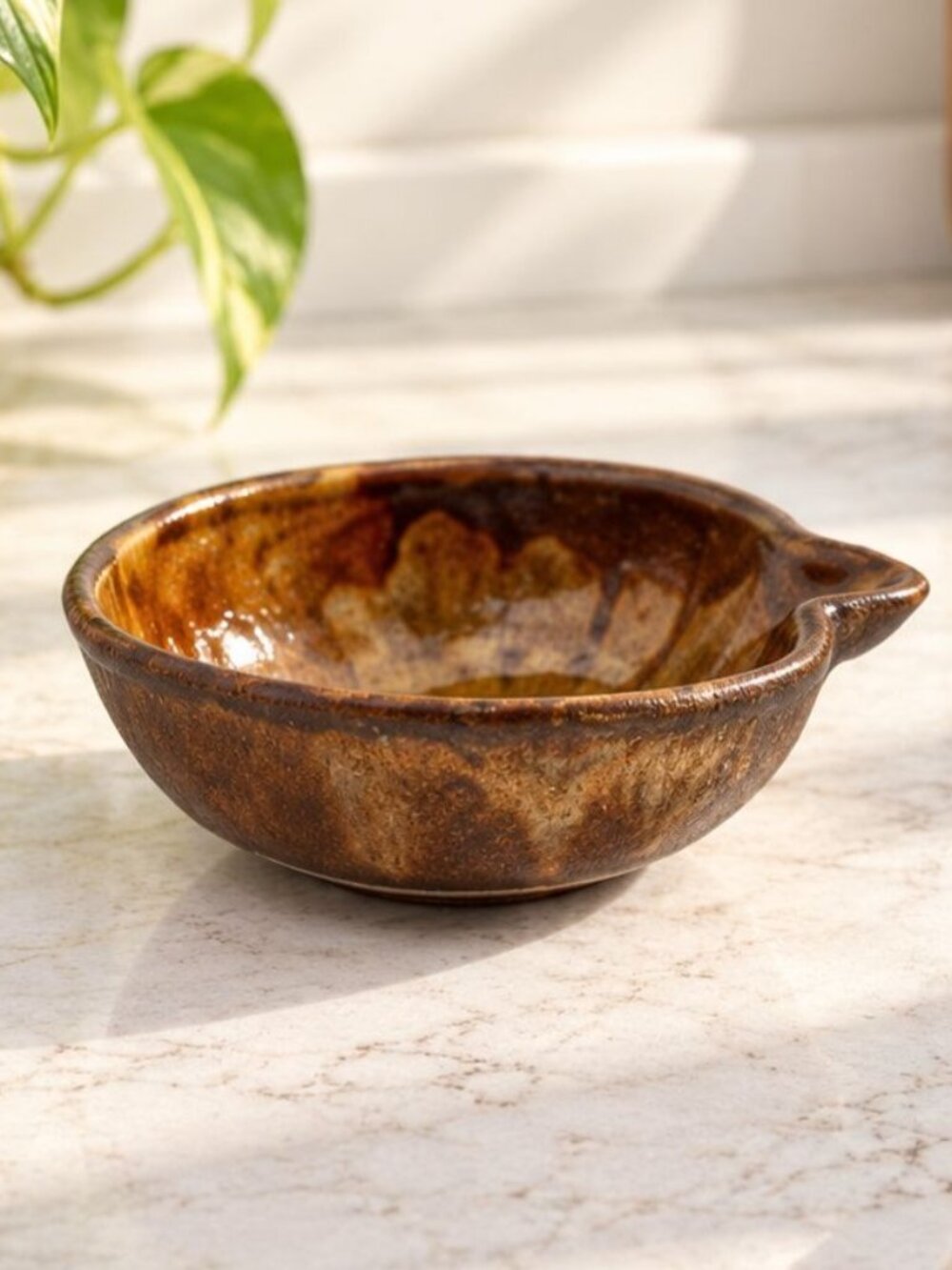 Small Vintage Drip-Glazed Ceramic Bowl With Pour Spout By Briercroft Canada